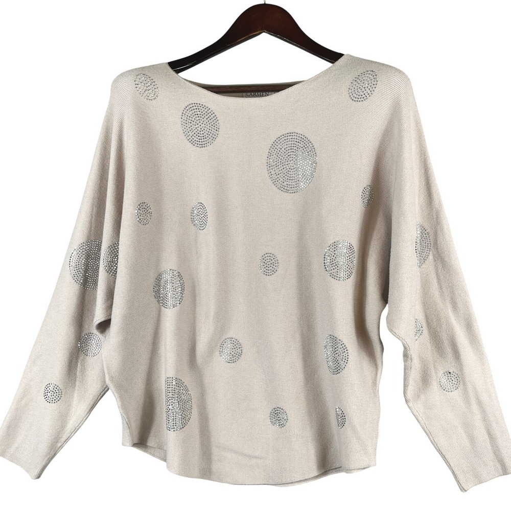 Carmen Marc Valvo Womens M Dolman Sweater Rhinestone Polka Dot Beige Knit Career